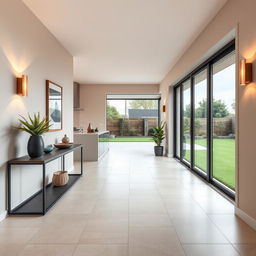 a modern hallway design located on one side of the kitchen and overlooking the backyard, featuring a seamless square tile floor with a sleek ceramic or stone finish in neutral tones