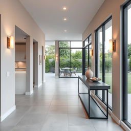 a modern hallway design located on one side of the kitchen and overlooking the backyard, featuring a seamless square tile floor with a sleek ceramic or stone finish in neutral tones