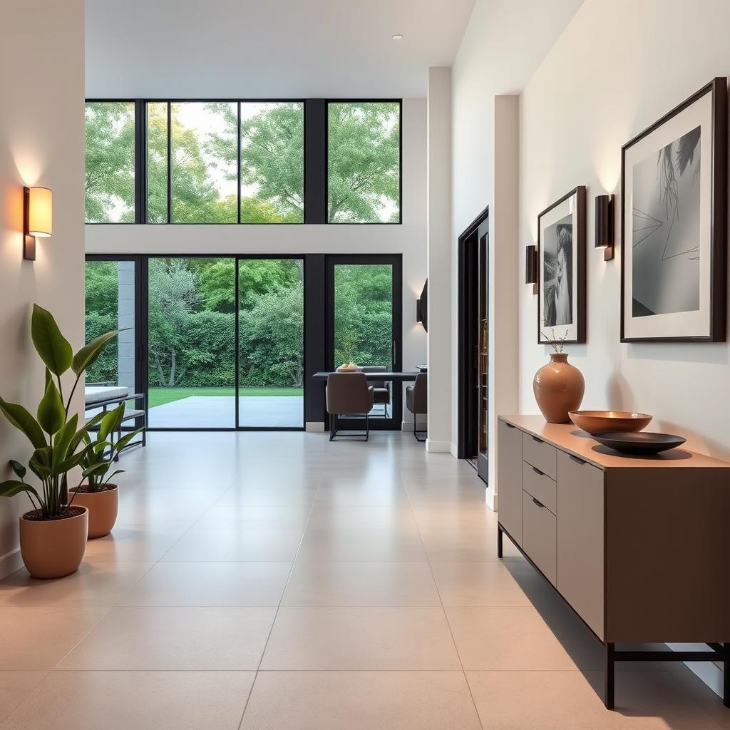 a modern hallway design located on one side of the kitchen and overlooking the backyard, featuring a seamless square tile floor with a sleek ceramic or stone finish in neutral tones