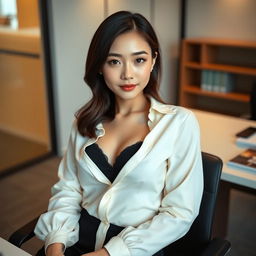 An elegant Taiwanese office lady seated in an office setting, with a camera perspective creatively positioned from above