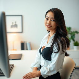 An elegant Taiwanese office lady seated in an office setting, with a camera perspective creatively positioned from above