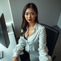 An elegant Taiwanese office lady seated in an office setting, with a camera perspective creatively positioned from above