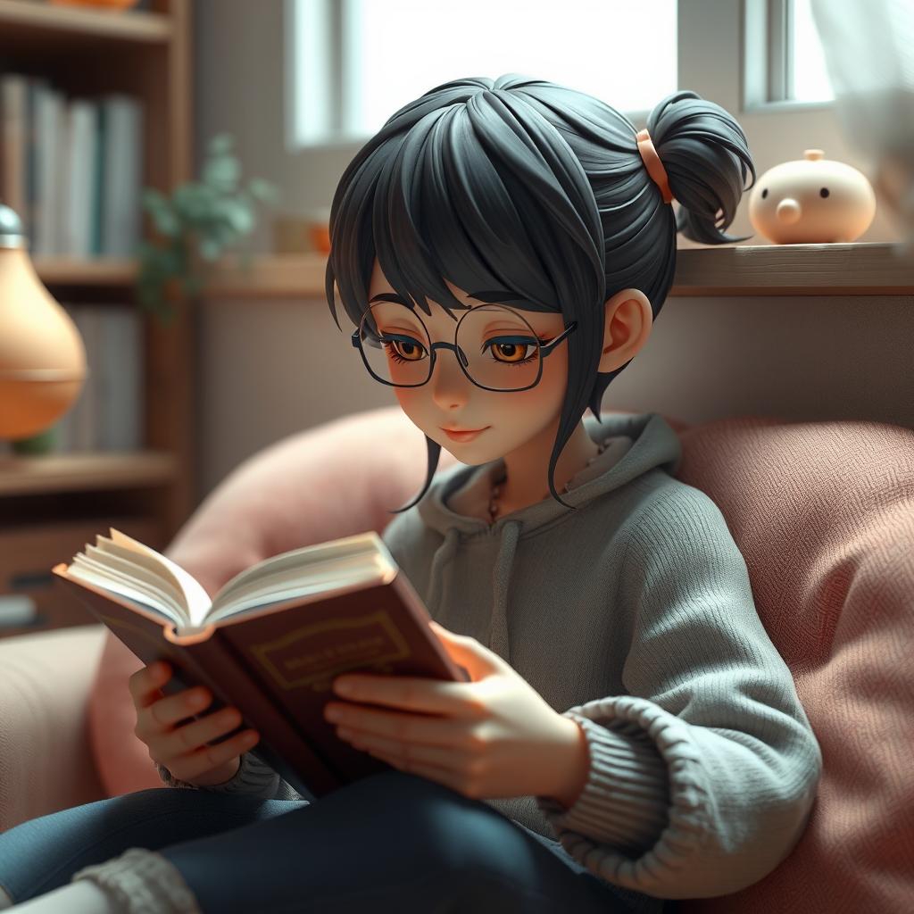 A realistic 3D graphic character engrossed in reading a book, designed with lifelike details and textures, avoiding anime influence