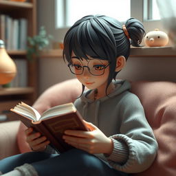 A realistic 3D graphic character engrossed in reading a book, designed with lifelike details and textures, avoiding anime influence