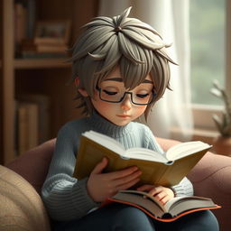 A realistic 3D graphic character engrossed in reading a book, designed with lifelike details and textures, avoiding anime influence