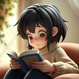 A realistic 3D graphic character engrossed in reading a book, designed with lifelike details and textures, avoiding anime influence