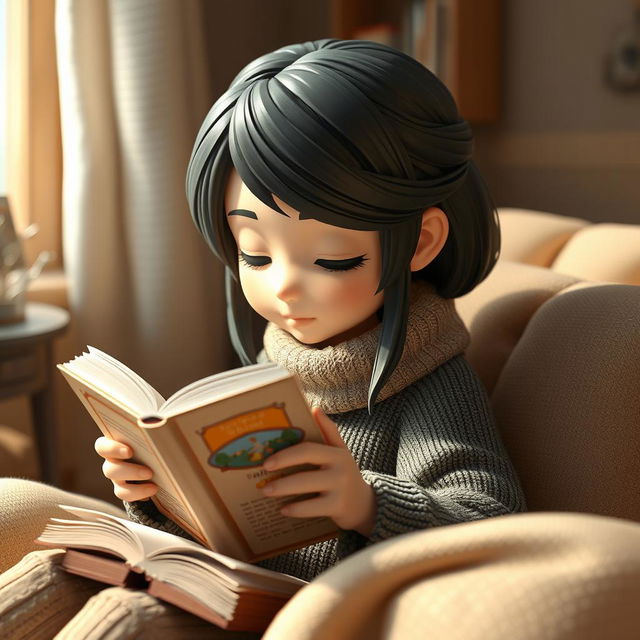 A realistic 3D graphic character engrossed in reading a book, designed with lifelike details and textures, avoiding anime influence