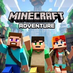 YouTube thumbnail for a Minecraft series featuring three characters: two men and one woman, in an adventurous explorer environment