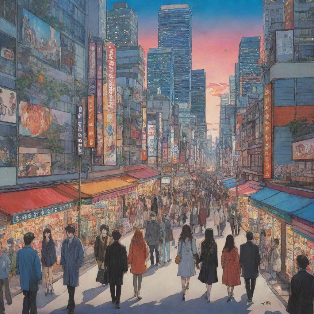 A vibrant and dramatic manhwa style scene with detailed characters and a bustling cityscape as the background