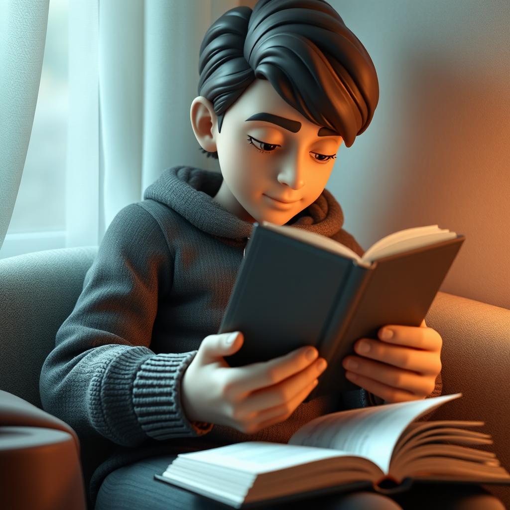 A realistic 3D graphic character reading a book, designed with lifelike textures and details