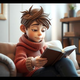 A realistic 3D graphic character reading a book, designed with lifelike textures and details