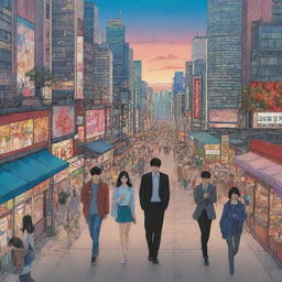 A vibrant and dramatic manhwa style scene with detailed characters and a bustling cityscape as the background