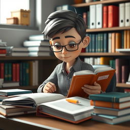 A realistic 3D graphic character studying diligently, surrounded by books and study materials