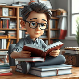 A realistic 3D graphic character studying diligently, surrounded by books and study materials