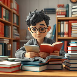 A realistic 3D graphic character studying diligently, surrounded by books and study materials