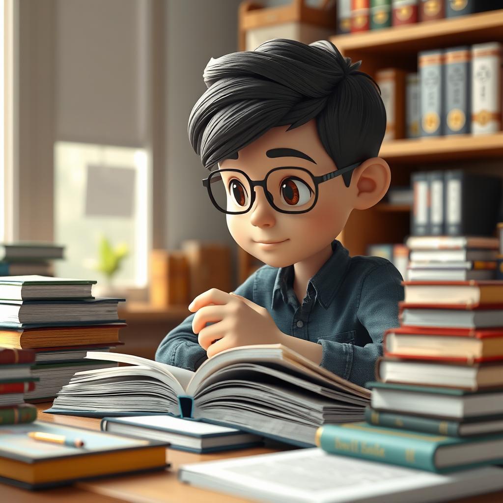 A realistic 3D graphic character studying diligently, surrounded by books and study materials