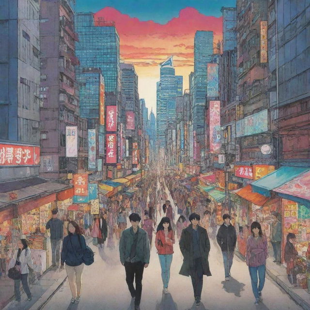 A vibrant and dramatic manhwa style scene with detailed characters and a bustling cityscape as the background