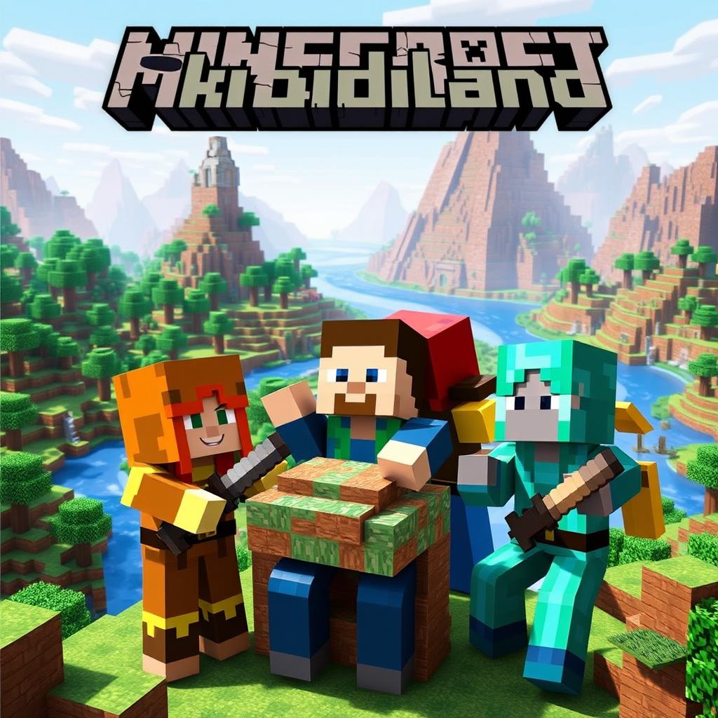 Three characters in a Minecraft world, each with distinct skins representing fantasy adventurers