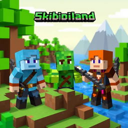 Three characters in a Minecraft world, each with distinct skins representing fantasy adventurers