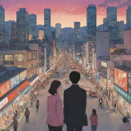 A vibrant and dramatic manhwa style scene with detailed characters and a bustling cityscape as the background