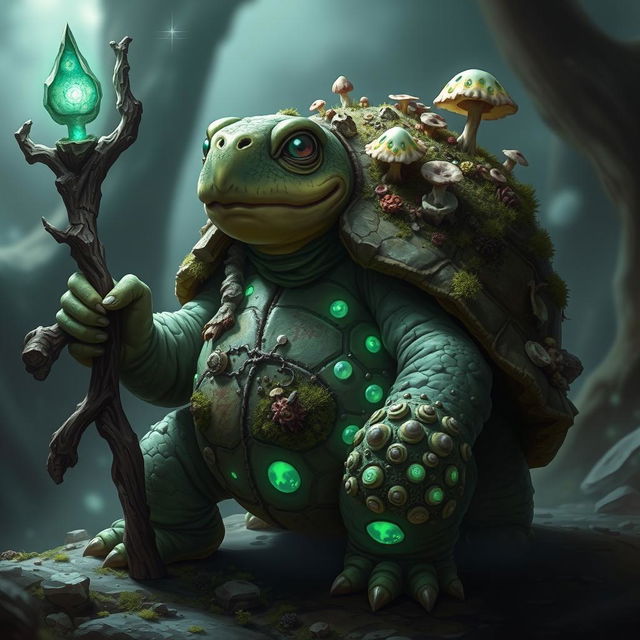 A fantasy tortle druid from the Circle of Spores, featuring a rugged, moss-covered shell with fungi and mushrooms growing on it