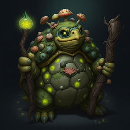 A fantasy tortle druid from the Circle of Spores, featuring a rugged, moss-covered shell with fungi and mushrooms growing on it