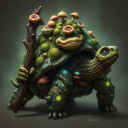 A fantasy tortle druid from the Circle of Spores, featuring a rugged, moss-covered shell with fungi and mushrooms growing on it