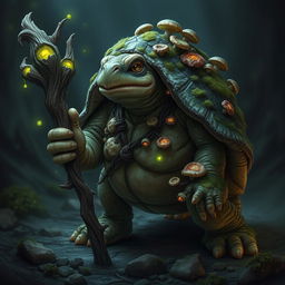 A fantasy tortle druid from the Circle of Spores, featuring a rugged, moss-covered shell with fungi and mushrooms growing on it