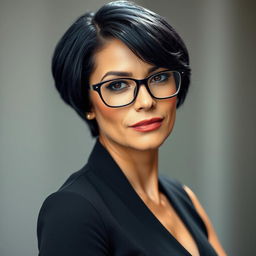 A sexy 40-year-old woman with short dark blue hair and glasses, exuding confidence and elegance