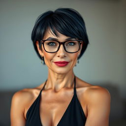 A sexy 40-year-old woman with short dark blue hair and glasses, exuding confidence and elegance