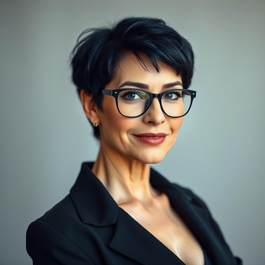 A sexy 40-year-old woman with short dark blue hair and glasses, exuding confidence and elegance