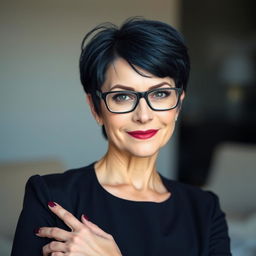 A sexy 40-year-old woman with short dark blue hair and glasses, exuding confidence and elegance