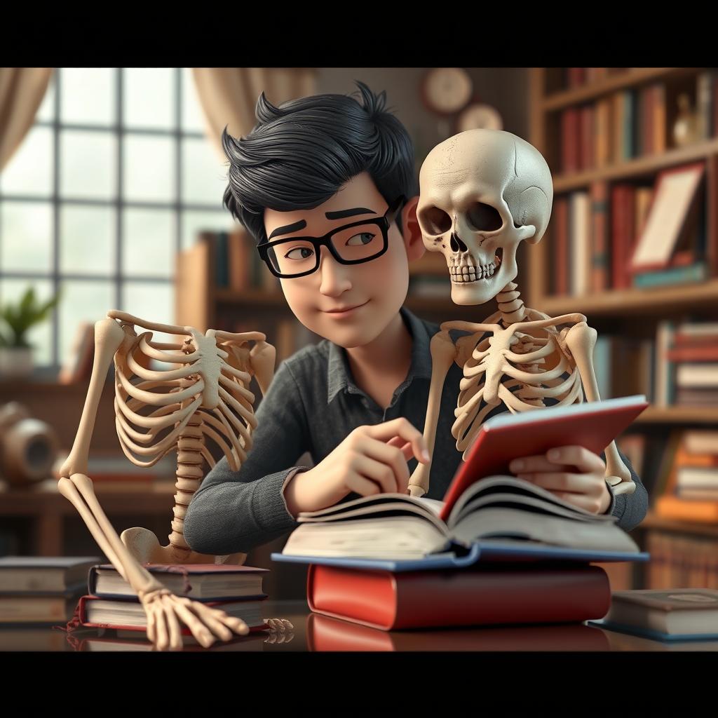 A realistic 3D graphic character studying with full concentration, accompanied by a detailed skeleton model next to him