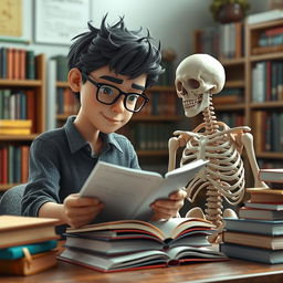 A realistic 3D graphic character studying with full concentration, accompanied by a detailed skeleton model next to him