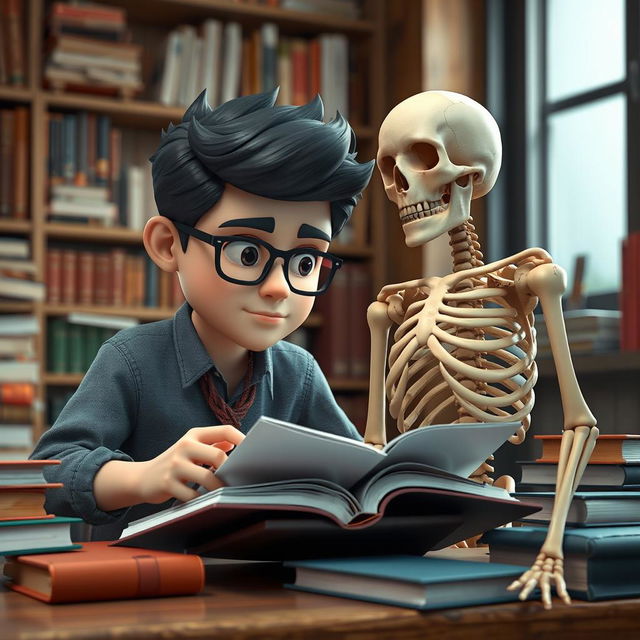 A realistic 3D graphic character studying with full concentration, accompanied by a detailed skeleton model next to him