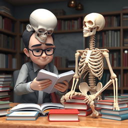 A realistic 3D graphic character studying with full concentration, accompanied by a detailed skeleton model next to him