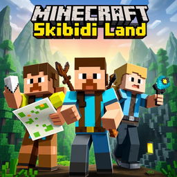 A vibrant YouTube thumbnail for a Minecraft series featuring three characters, two men and one woman, each with unique skins and explorer outfits