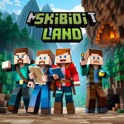 A vibrant YouTube thumbnail for a Minecraft series featuring three characters, two men and one woman, each with unique skins and explorer outfits