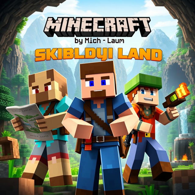 A vibrant YouTube thumbnail for a Minecraft series featuring three characters, two men and one woman, each with unique skins and explorer outfits