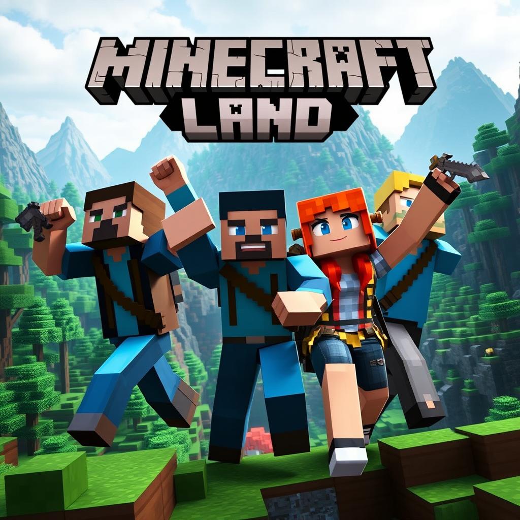 A captivating YouTube thumbnail for a Minecraft series featuring two men and one woman in an adventurous Minecraft world