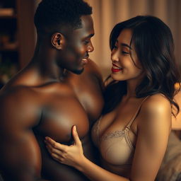 a black man and a Japanese woman in an intimate and romantic setting, capturing the essence of connection and passion in a tasteful manner