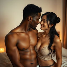 a black man and a Japanese woman in an intimate and romantic setting, capturing the essence of connection and passion in a tasteful manner