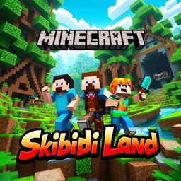 A vibrant and adventurous Minecraft scene featuring two men and a woman exploring an exciting landscape, with structures made of blocks, overgrown forests, and possibly a river or cave entrance to emphasize adventure