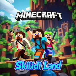 A vibrant and adventurous Minecraft scene featuring two men and a woman exploring an exciting landscape, with structures made of blocks, overgrown forests, and possibly a river or cave entrance to emphasize adventure