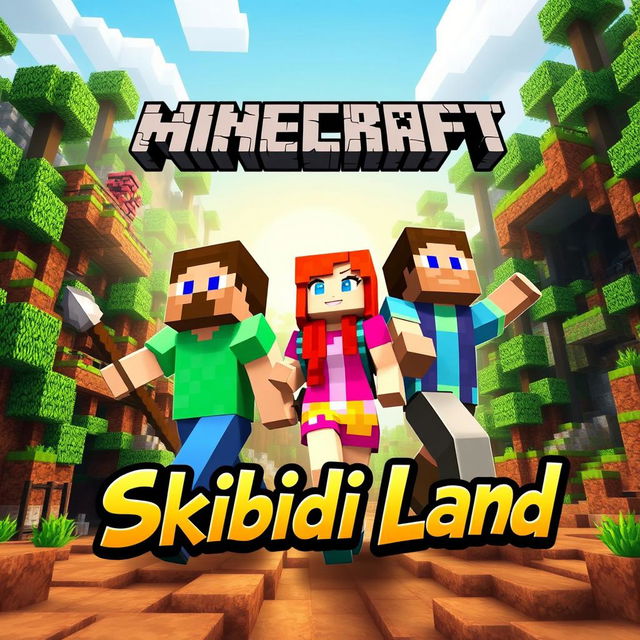 A vibrant and adventurous Minecraft scene featuring two men and a woman exploring an exciting landscape, with structures made of blocks, overgrown forests, and possibly a river or cave entrance to emphasize adventure