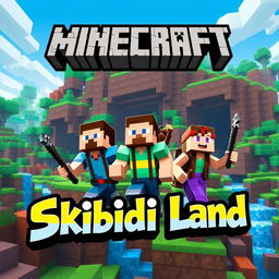 A vibrant and adventurous Minecraft scene featuring two men and a woman exploring an exciting landscape, with structures made of blocks, overgrown forests, and possibly a river or cave entrance to emphasize adventure