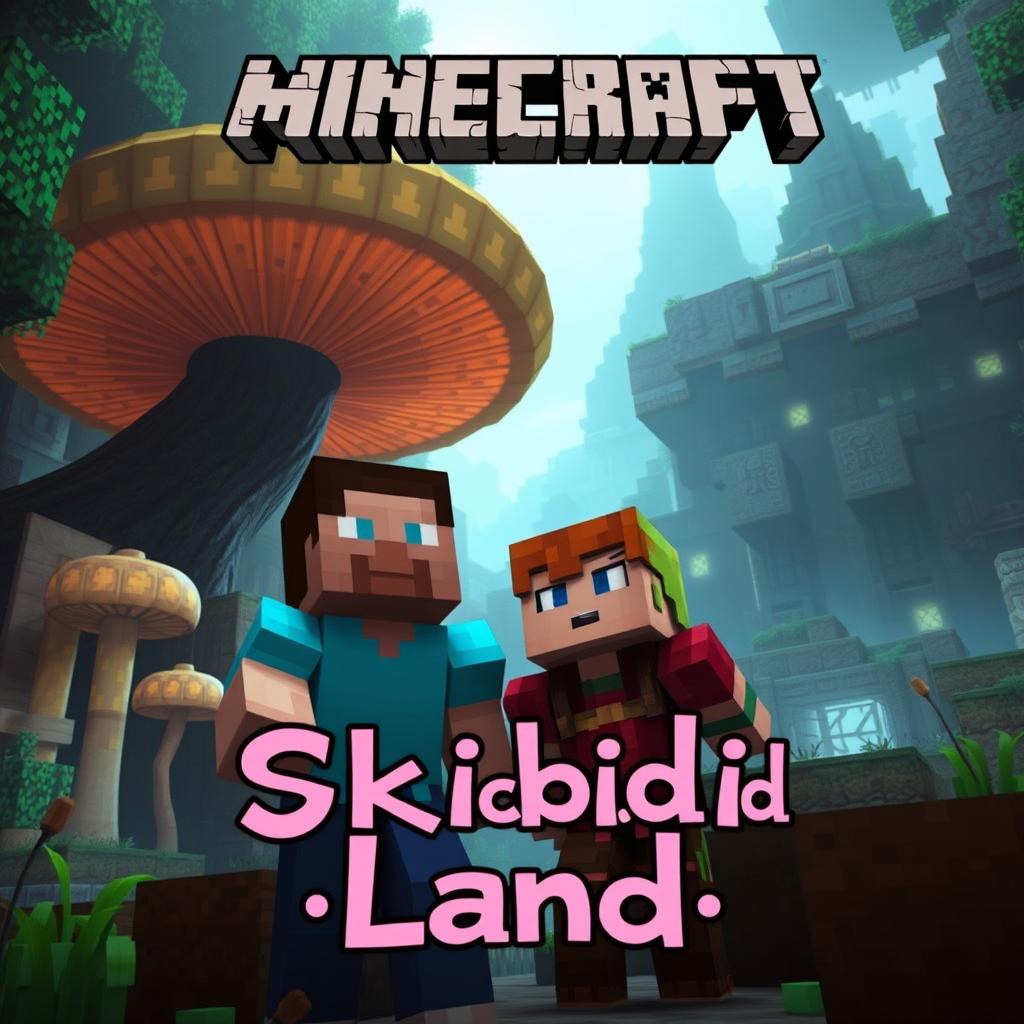 A captivating Minecraft scene featuring two men and a woman in an intriguing setting, such as a mystical forest with oversized, glowing mushrooms or a desert temple with mysterious hieroglyphs