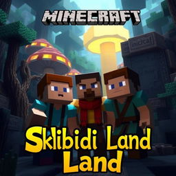 A captivating Minecraft scene featuring two men and a woman in an intriguing setting, such as a mystical forest with oversized, glowing mushrooms or a desert temple with mysterious hieroglyphs