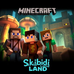 A captivating Minecraft scene featuring two men and a woman in an intriguing setting, such as a mystical forest with oversized, glowing mushrooms or a desert temple with mysterious hieroglyphs