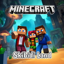 A captivating Minecraft scene featuring two men and a woman in an intriguing setting, such as a mystical forest with oversized, glowing mushrooms or a desert temple with mysterious hieroglyphs